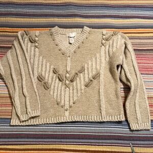 Essange Women Size M Tan Wool Blend V-Neck Cable Knit Sweater Textured Embellish